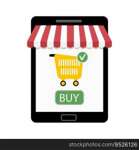Shop on tablet. Vector store marketing, sale e-commerce illustration. Shop on tablet