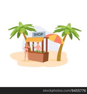  Shop on the Beach concept. Summer Vacation and Tropical Marketplace .Sunny Day Shopping at the Beach. Flat vector cartoon illustration