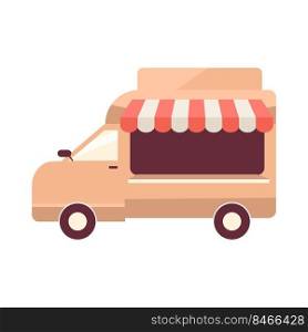 Shop on wheels semi flat color vector object. Store in car. Mobile customer service. Full sized item on white. Retail simple cartoon style illustration for web graphic design and animation. Shop on wheels semi flat color vector object