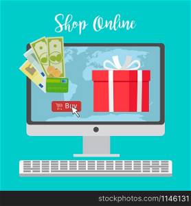 Shop online concept with red present and all world map on the screen, vector illustration. Shop online concept with red present