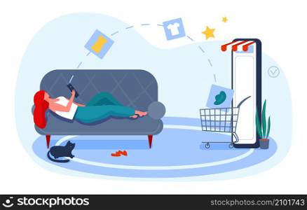 Shop online, do shopping from home using smartphone. Internet buy online shopping illustration, vector modern technology. Shop online, do shopping from home using smartphone