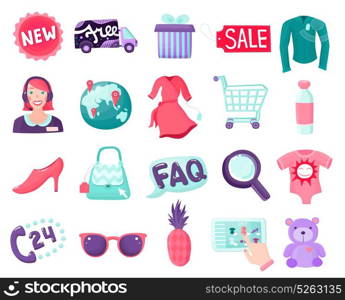 Shop Online Items Collection. Online shopping e-commerce set with isolated cartoon images of goods stickers and customer support signs vector illustration