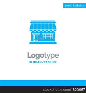 Shop, Online, Market, Store, Building Blue Solid Logo Template. Place for Tagline