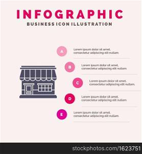 Shop, Online, Market, Store, Building Solid Icon Infographics 5 Steps Presentation Background