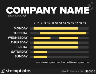 Shop opening time hours vector template with highlighted open hours - dark version