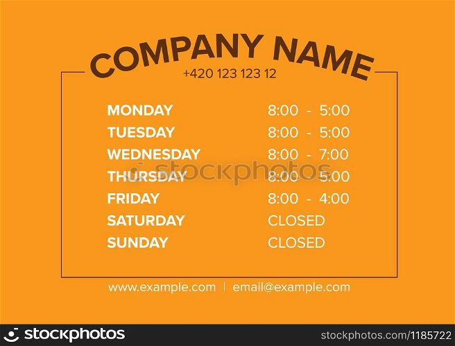 Shop opening time hours vector template with orange background