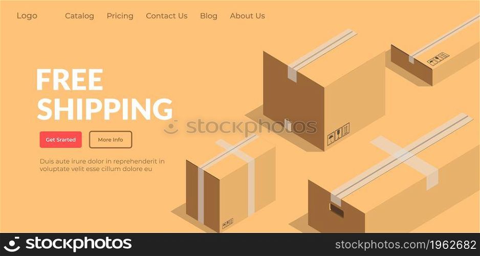 Shop or store free shipping, logistics company service or company delivery in time. Safety and merchandise, ordering and transportation of boxes. Website or webpage template, landing page flat vector. Free shipping, logistics company or shop service