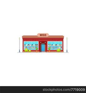 Shop or store of wigs, woman hair salon building, vector isolated icon. Beauty and fashion wigs hair studio shop or store with woman head mannequins in window display showcase. Shop or store of wigs, woman hair salon building