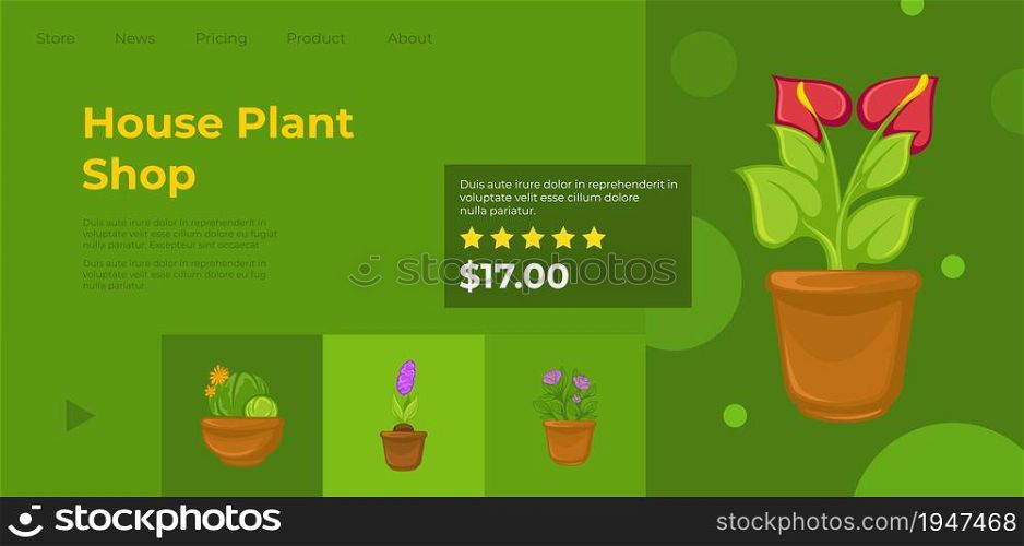 Shop or store selling flowers and house plants. Catalogs and assortments with reviews, products pictures and detailed information. Website or webpage template, landing page flat style vector. House plants shop, online website with flowers