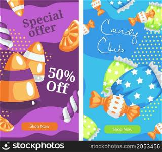 Shop or store with candies and chocolate, caramels and lollipops. Mix of sweets and desserts, order in online web. Promo banner 50 off, advertisement or food presentation. Vector in flat style. Special offer and candy club, shop or store web