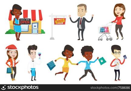 Shop owner holding an open signboard. Cheerful shop owner standing in front of small store. Woman inviting to come in her shop. Set of vector flat design illustrations isolated on white background.. Vector set of shopping people characters.