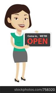 Shop owner holding open signboard. Cheerful female shop owner standing with open signboard. Woman inviting to come in her open shop. Vector flat design illustration isolated on white background.. Female shop owner holding open signboard.