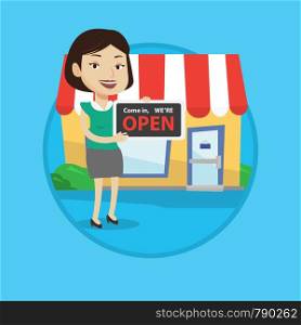 Shop owner holding open signboard. Cheerful shop owner standing with open signboard. Woman inviting to come in her open shop. Vector flat design illustration in the circle isolated on background.. Female shop owner holding open signboard.