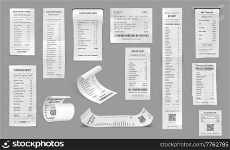 Shop receipt, cash paper bill, purchase invoice. Vector supermarket shopping retail sum check and total cost store sale payment, 3d isolated filled cheque blanks with qr and bar codes, realistic set. Shop receipt, cash paper bill, purchase invoice