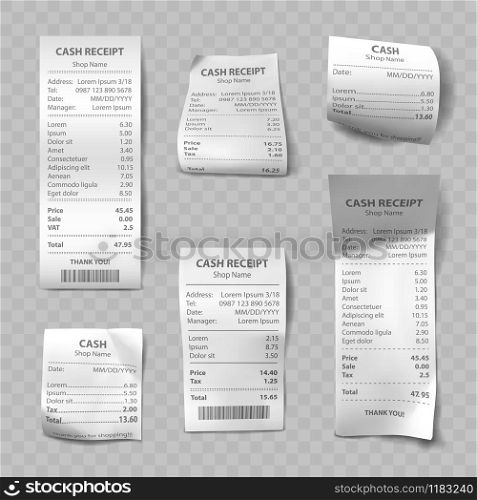 Shop receipt set of realistic isolated vector illustrations. Direct and curled paper payment bills with barcode, goods and their price, tax, Vat and total amount. Realistic shop receipt, paper payment bills