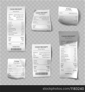 Shop receipt set of realistic isolated vector illustrations. Direct and curled paper payment bills with barcode, goods and their price, tax, Vat and total amount. Realistic shop receipt, paper payment bills