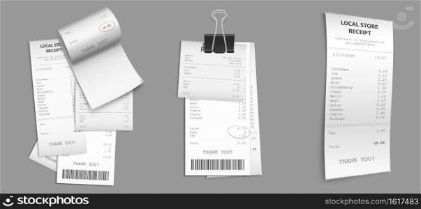 Shop receipts, paper cash checks with barcode. Vector realistic set of purchase bills, pile of printed invoices. Shopping cheques with binder clip isolated on gray background. Set of hop receipt, paper cash checks with clip