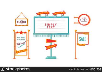 Shop sale and opening vintage vector ads board sign illustrations set. Commercial billboard mockup designs pack with copyspace. Stands with lights isolated objects collection. Announcement banners. Shop sale and opening vintage vector ads board sign illustrations set