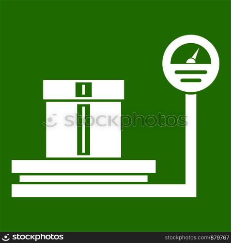 Shop scales icon white isolated on green background. Vector illustration. Shop scales icon green