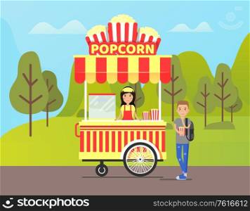Shop selling snacks vector, park with service for people, seller with client. Female with roasted popcorn making business and serving customer in park. Popcorn Stall with Seller and Person Buying Food