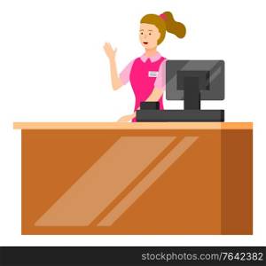 Shop service isolated cashier wearing uniform standing by desk. Female character with computer at counter top. Store worker at job. Staff on market taking money vector in flat style illustration. Cashier on Counter with Monitor Computer Vector