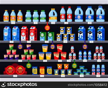 Shop shelf with milk products. Dairy grocery store shelves, milk bottle supermarket showcase and cheese product, yogurt. Market milky drinks and food assortment shelf vector illustration. Shop shelf with milk products. Dairy grocery store shelves, milk bottle supermarket showcase and cheese product vector illustration