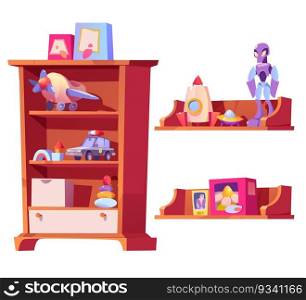 Shop shelves with baby toys and games for kids. Store interior elements with cute car, plane, robot, blocks, rocket and pyramid on wooden shelves, vector cartoon set isolated on white background. Shop shelves with baby toys and games for kids
