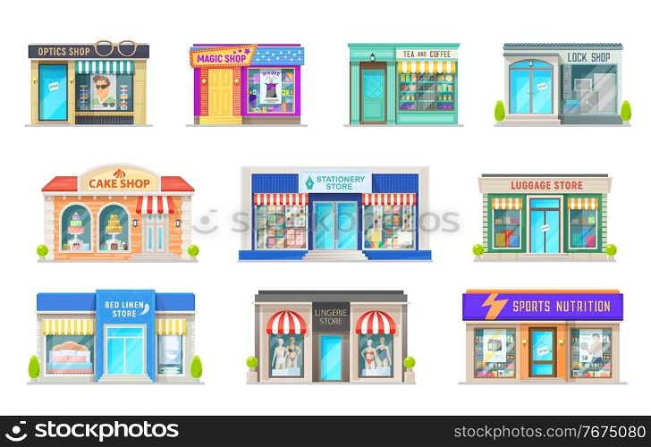 Shop, store and street market building cartoon vector icons of retail business property. Isolated house exteriors with storefront glass windows, vintage awnings and signboards, commercial real estate. Shop, store and street market building icons