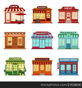 Shop store buildings. Market front exterior, isolated small business building icons. Supermarket, bakery restaurant or cafe flat vector set. Illustration storefront, showcase barbershop and pizzeria. Shop store buildings. Market front exterior, isolated small business building icons. Supermarket, bakery restaurant or cafe flat recent vector set