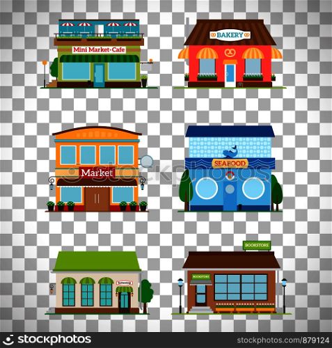 Shop store facade set. Bakery and bookstore, cafe and market isolated on transparent background. Vector illustration. Shop facade set on transparent background