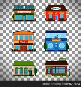 Shop store facade set. Bakery and bookstore, cafe and market isolated on transparent background. Vector illustration. Shop facade set on transparent background