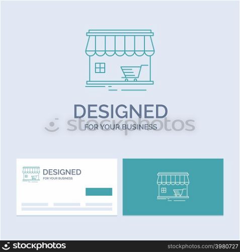 shop, store, market, building, shopping Business Logo Line Icon Symbol for your business. Turquoise Business Cards with Brand logo template