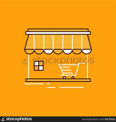 shop, store, market, building, shopping Flat Line Filled Icon. Beautiful Logo button over yellow background for UI and UX, website or mobile application. Vector EPS10 Abstract Template background