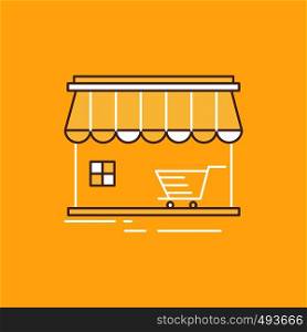 shop, store, market, building, shopping Flat Line Filled Icon. Beautiful Logo button over yellow background for UI and UX, website or mobile application. Vector EPS10 Abstract Template background