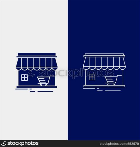 shop, store, market, building, shopping Line and Glyph web Button in Blue color Vertical Banner for UI and UX, website or mobile application. Vector EPS10 Abstract Template background