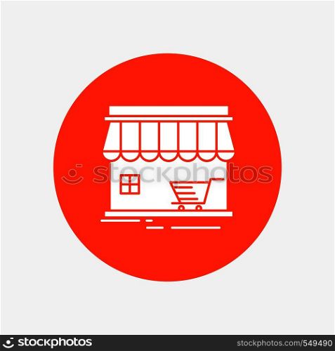 shop, store, market, building, shopping White Glyph Icon in Circle. Vector Button illustration. Vector EPS10 Abstract Template background