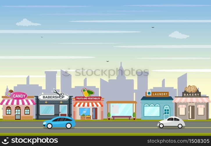 Shop Store Small Business Landscape in Town Urban with Tree Sky Illustration