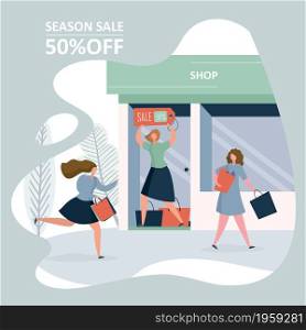 Shop storefront and different women with shopping bags and sale label,discount and sale concept,vector illustration in trendy style