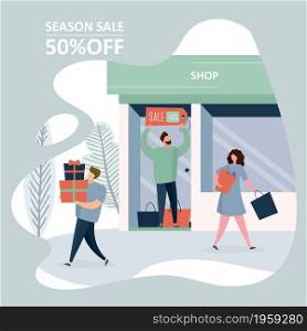 Shop storefront and people with gifts,shopping bags and sale label,discount concept,vector illustration in trendy style