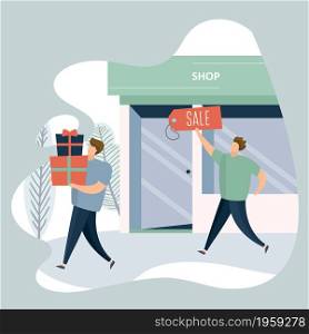 Shop storefront and two male with gifts and sale label,discount concept,vector illustration in trendy style