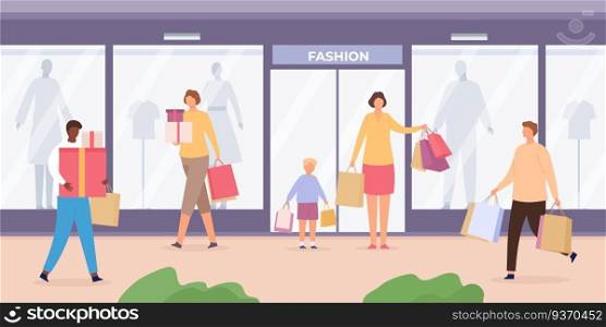 Shop street with people. Urban landscape with store showcases with mannequins and customers walking with shopping bags, flat vector concept. Illustration street shop with customers. Shop street with people. Urban landscape with store showcases with mannequins and customers walking with shopping bags, flat vector concept
