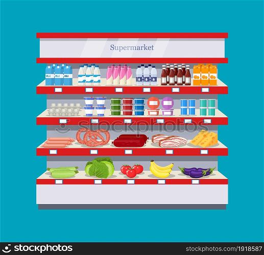 Shop, supermarket interior shelf with fruits, vegetables, milk, eggs drinks, preserves Healthy food. supermarket interior shelf