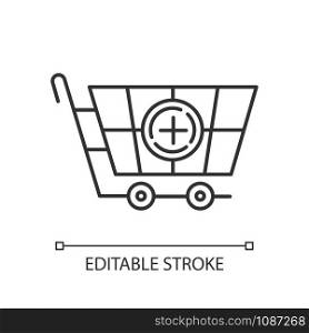 Shop trolley linear icon. Adding products to basket. Merchandise and consumerism. Ordering service. Thin line illustration. Contour symbol. Vector isolated outline drawing. Editable stroke
