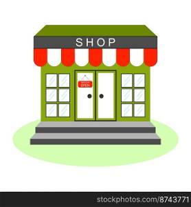 Shop vector icon with canopy and hanging sign open isolated market element.
