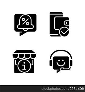 Shop website interface black glyph icons set on white space. Discounts and sales notification. Electronic wallet. Silhouette symbols. Solid pictogram pack. Vector isolated illustration. Shop website interface black glyph icons set on white space
