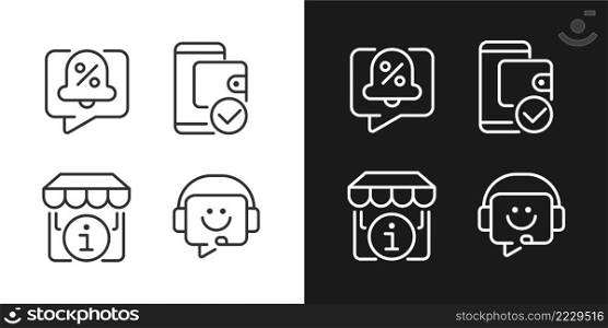 Shop website interface pixel perfect linear icons set for dark, light mode. Discounts notification. Electronic wallet. Thin line symbols for night, day theme. Isolated illustrations. Editable stroke. Shop website interface pixel perfect linear icons set for dark, light mode