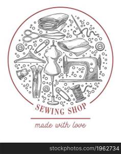 Shop with materials and equipment for sewing hobby, atelier making custom designed clothes. Manufacture and production of clothing, mannequin and fabric cloth with needles. Vector in flat style. Sewing shop monochrome emblem of atelier vector