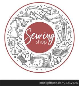 Shop with sewing materials and equipment for creating clothes. Mannequin and tools, instruments and needles, hangers and cloth. Machine and scissors monochrome sketch outline. Vector in flat style. Sewing shop materials and equipment for hobby