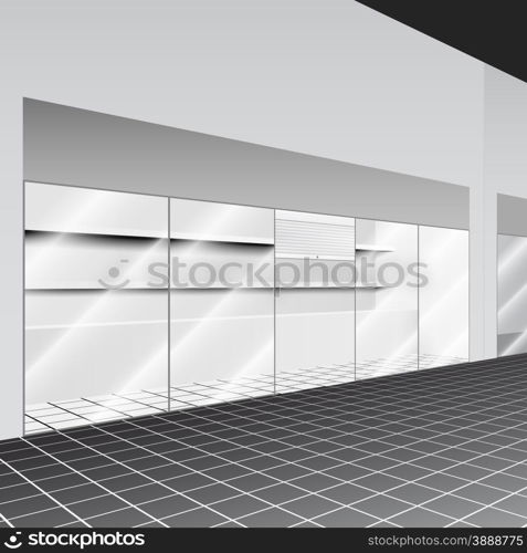 Shop with stand and shelves in the corridor with perspective