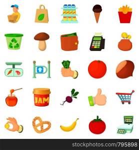 Shop with vegetables icons set. Cartoon set of 25 shop with vegetables vector icons for web isolated on white background. Shop with vegetables icons set, cartoon style